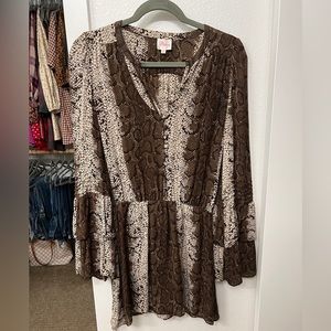 Parker Double Flare Sleeve Silk Dress — Brown Snake Print